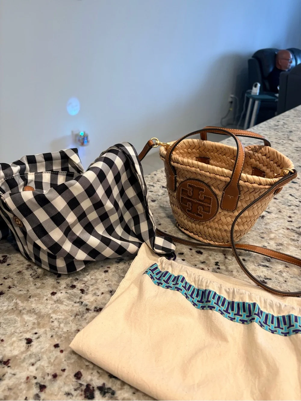 Tory Burch Tan Woven Mini Basket Bag with Black & White Gingham Scarf